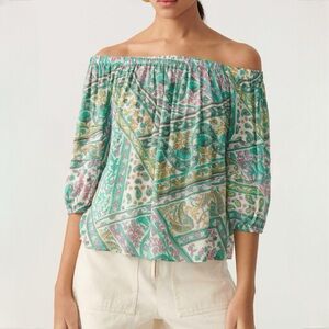 Ba&sh Fenji Top Green Floral Paisley Off the Shoulder Blouse size Small